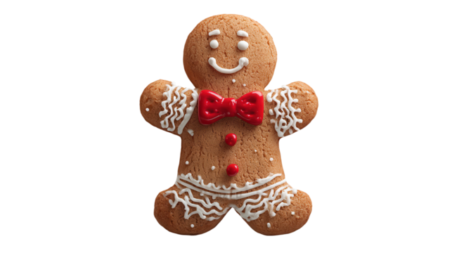 Gingerbread man cookie representing holiday cheer and festive baking. Featuring a red bow tie and white icing decoration isolated on a transparent background, png