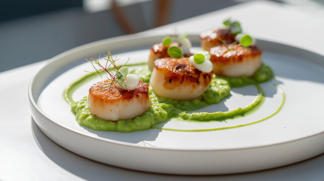 Pan-seared scallops with golden crust, pea puree swirl, minimalistic white plate