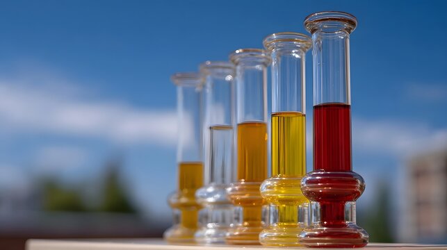 Colorful liquids in scientific glassware arrayed outdoors under a bright blue sky