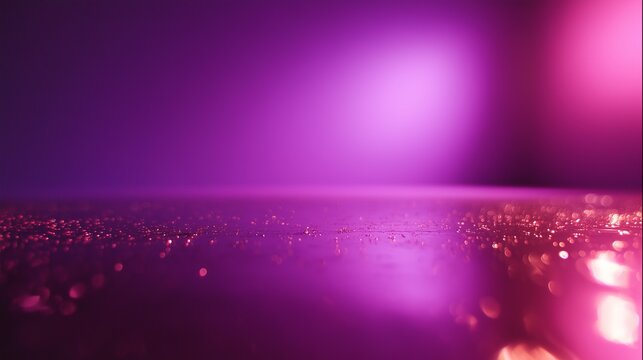 The vibrant purple background creates a dreamy scene with reflective surfaces dotted with glimmering droplets. This captivating scene showcases delicate details of purple light. - Powered by Adobe