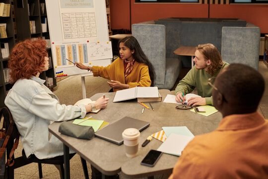 Multiethnic group of teenagers sitting around table discussing English tenses while young Asian girl presenting at flip chart in classroom setting, notebooks and coffee cup - Powered by Adobe