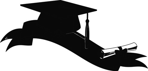 Graduation cap and diploma with banner, celebrating academic achievement and success