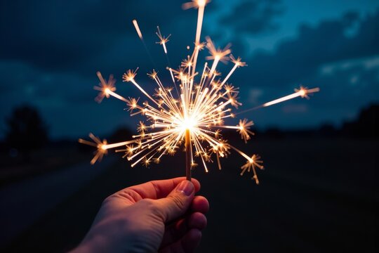 Hand holding a sparkler against a dark night sky, creating a mesmerizing light display.