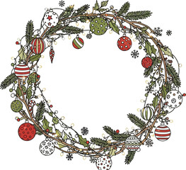 Festive Christmas wreath adorned with ornaments and twinkling lights, evoking holiday cheer