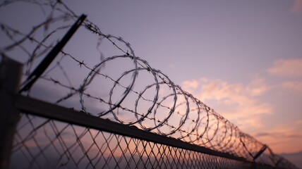 Barbed wire fence at sunset. AI image