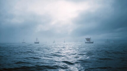 Obraz premium Viking ships sailing in foggy waters at dusk. AI image