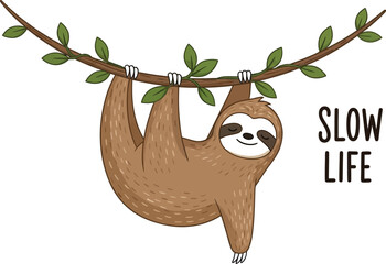 Cute cartoon sloth hanging from a branch, embodying a slow and relaxed lifestyle.