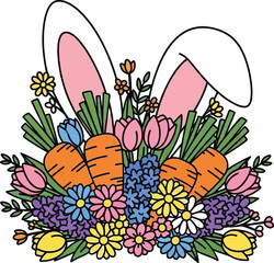 Playful bunny ears peek from a vibrant spring bouquet of carrots and colorful flowers.