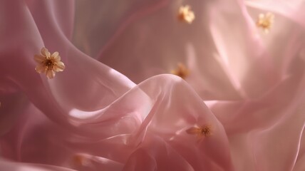Fototapeta premium Delicate pink fabric and petals in soft breeze. AI image