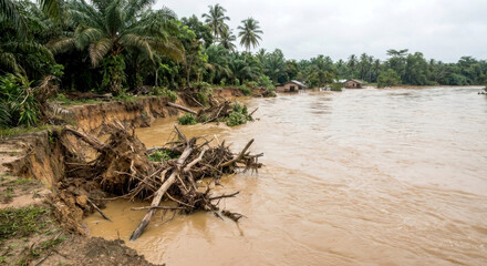 Heavy flooding causes severe erosion and destruction in a rural area during the rainy season