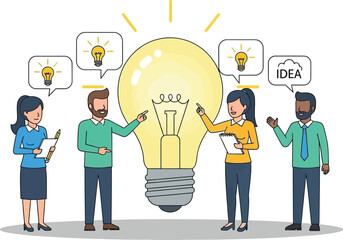 Diverse team collaborating on a bright idea, symbolizing innovation and creativity.