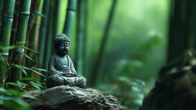Serene buddha statue amidst lush bamboo grove. AI image