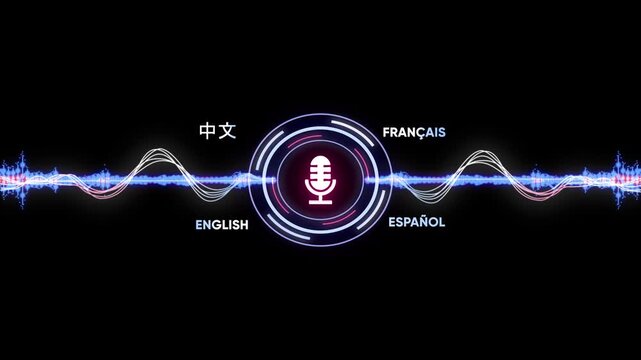 Futuristic Microphone Icon with Multilingual Labels and Sound Waves symbol audio