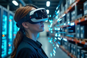 A woman in VR glasses surrounded by holographic data visualization and code in a server-filled warehouse