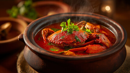 Spicy crab curry in clay pot, rich red gravy, coriander garnish, authentic Indian coastal style