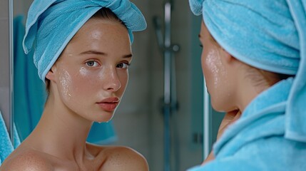Young woman engaging in a skincare routine reflected in a bright bathroom mirror for beauty care