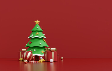 3d render of christmas tree and red gift boxes on red background with copy space