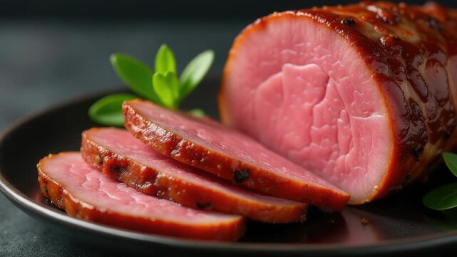Video Fresh ham served on a black plate with a green leaf, perfect for food or recipe s