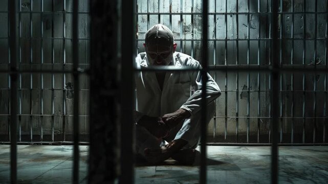 Video A person sits on the ground inside a jail cell, surrounded by bars and prison walls