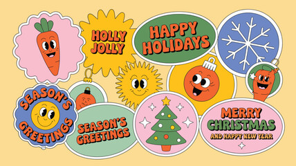 festive holiday sticker set with cute cartoon characters, merry christmas and happy holidays labels, colorful decorative icons and playful graphic design