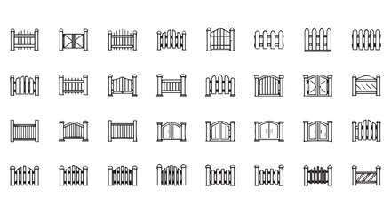 Assortment of Black and White Fence and Gate Icon Designs, Featuring Various Styles, Heights, and Ornamental Features for Construction, Design, and Fencing Needs