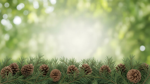Bottom border made of fir branches and pine cones against a blurred nature background illuminated by sunlight.
