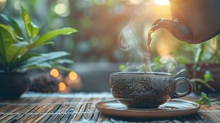 Warm and inviting  freshly brewed coffee poured into a ceramic cup on a cozy morning