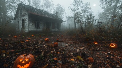 Haunted house on a hill with glowing jack o  lanterns and fog under a full moon in cinematic style
