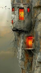 Spooky vampire castle on halloween night with bats and eerie glowing windows in gothic style