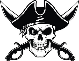 Pirate skull with crossed swords and tricorn hat, black and white nautical vector art illustration on white background.