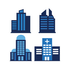 Fototapeta premium Modern blue building icons set, hospital, office and residential architecture