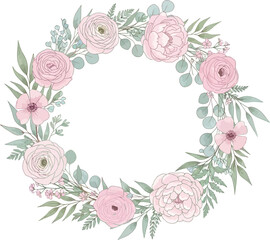 Delicate pastel floral wreath with soft green foliage and romantic blooms