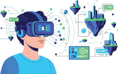 Person experiencing virtual reality with futuristic floating cities and digital interfaces connecting.