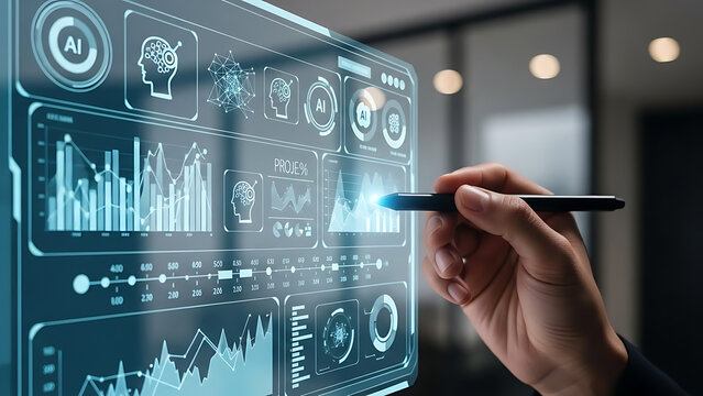 Business professional using digital project management dashboard with AI and data analytics