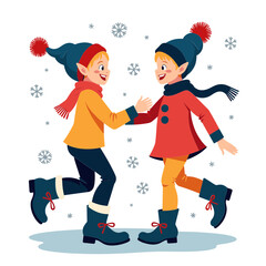 Fototapeta premium Two women in winter clothes skating and smiling in flat vector style for Christmas friendship and holiday activity concept - seasonal lifestyle