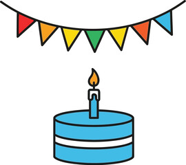 Festive birthday cake with a single lit candle and colorful bunting flags above.