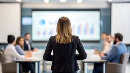 Businesswoman presenting to a diverse group in meeting