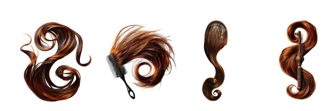 Four abstract organic forms with swirling textures and warm colors isolated on transparent background