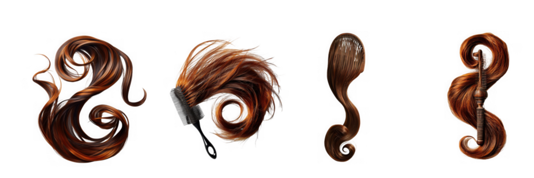 Four abstract organic forms with swirling textures and warm colors isolated on transparent background