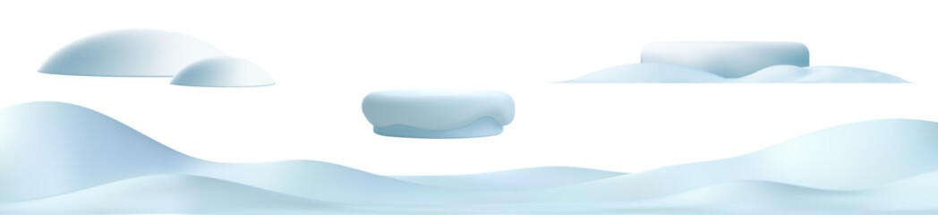 Obraz premium 3d snow hill and white podium. Wavy snowdrift winter podium, white mountain border. Vector element illustration for poster, winter greeting card, product presentation