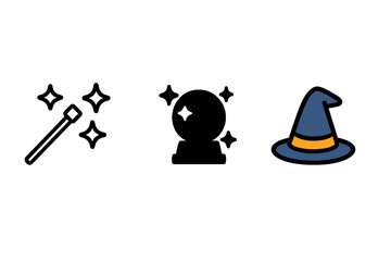 Magic and wizardry elements featuring a sparkling wand, crystal ball, and classic witch hat