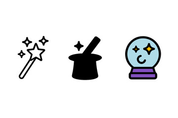 Magic and fortune telling icon set with wand, top hat, and crystal ball symbols