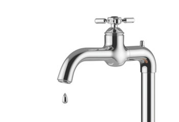 Shiny silver faucet with dripping water isolated for home design.