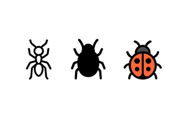 Three insect symbols including ant, bug silhouette, and colorful ladybug beetle