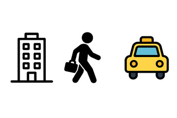 Corporate building, walking businessman with briefcase, and yellow taxi cab icons