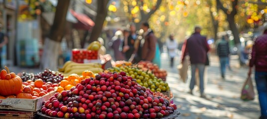 Vibrant autumn farmers market filled with colorful vegetables, pumpkins, and enthusiastic shoppers