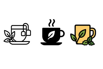 Set of three different graphic styles of hot herbal tea cup icons with rising steam