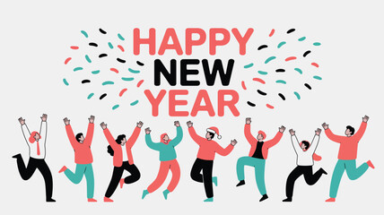 happy new year celebration illustration with joyful people jumping, festive confetti, colorful modern flat style characters and holiday greeting design