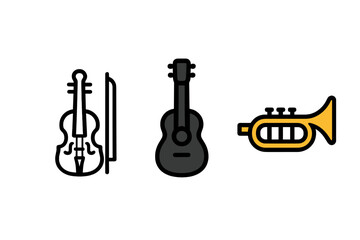 Naklejka premium Stylized set of musical instruments including violin, acoustic guitar, and trumpet icons