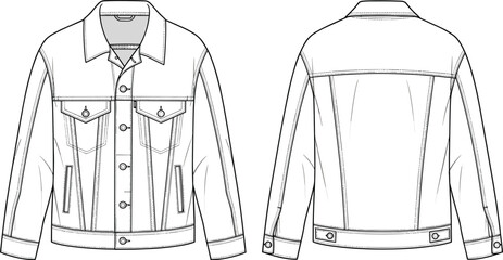 👕 Vector Denim Jacket Flat Sketch Technical Drawing Fashion Illustration Template CAD for Apparel Design Mockup Pack